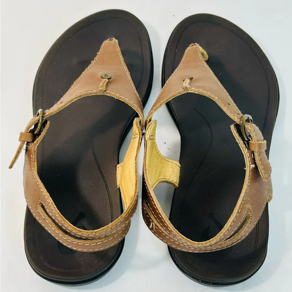 OluKai 'Eheu Thong Sandal in Kona Coffee Brown Leather size 6 - Picture 7 of 9